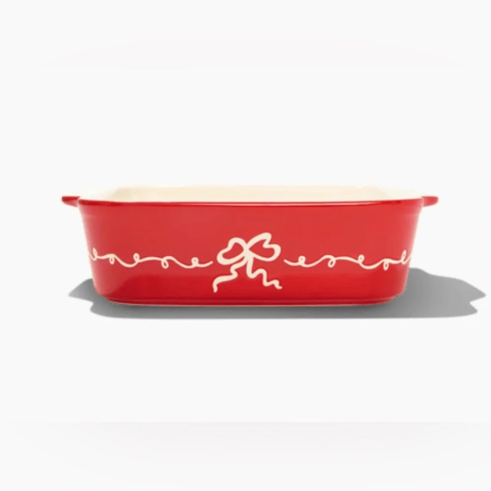 In The Roundhouse Ceramic Baking Dish Red Bow Pattern Stoneware 64 oz Capacity